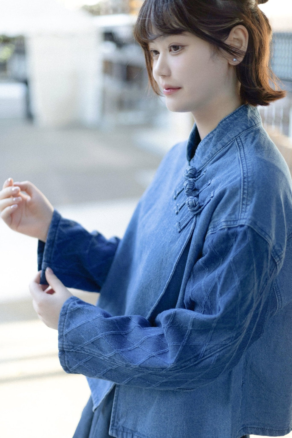 KF Slanted Lapel Washed Denim Shirt 盤扣斜襟拼袖短罩衫