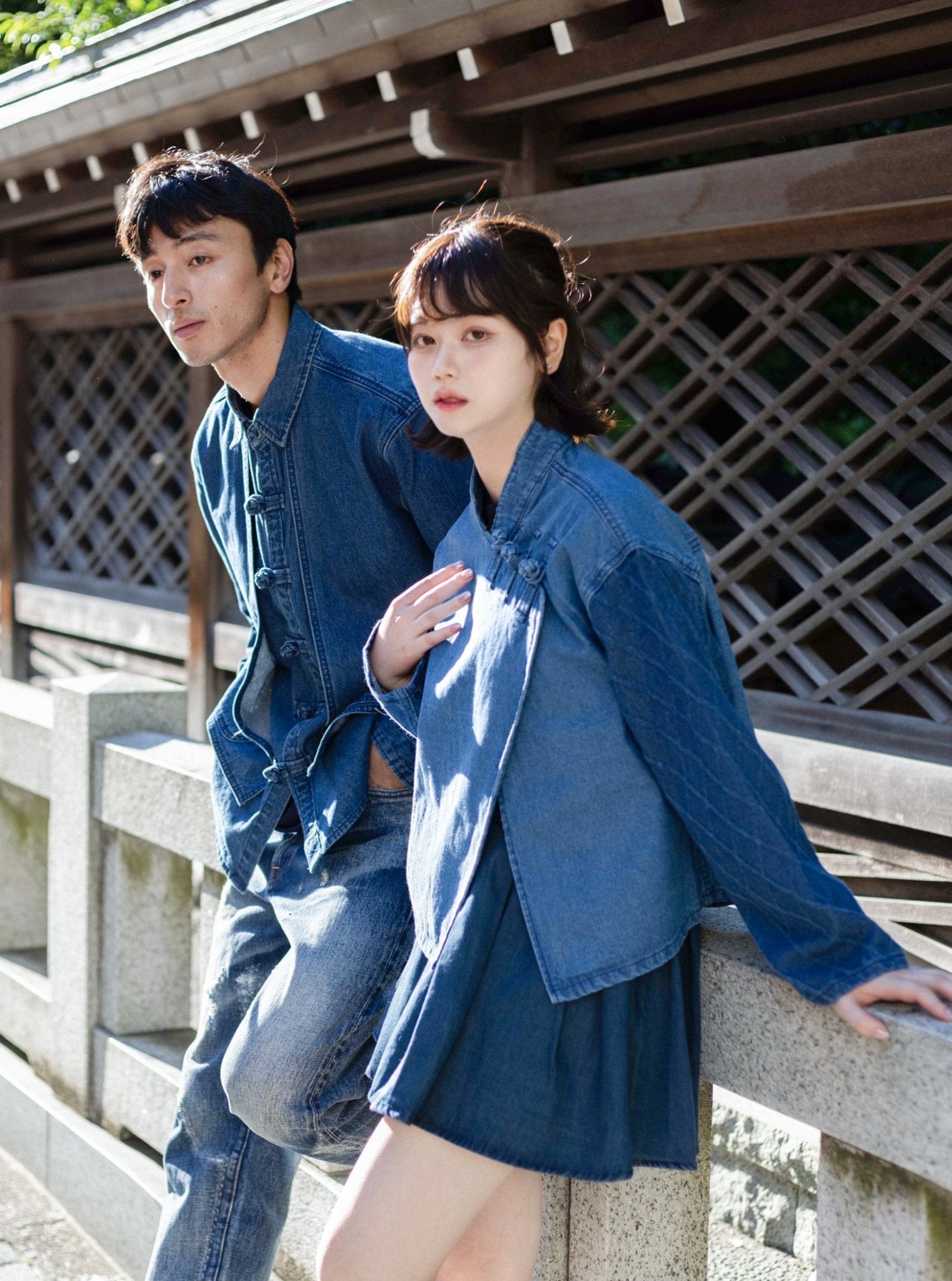 KF Slanted Lapel Washed Denim Shirt 盤扣斜襟拼袖短罩衫
