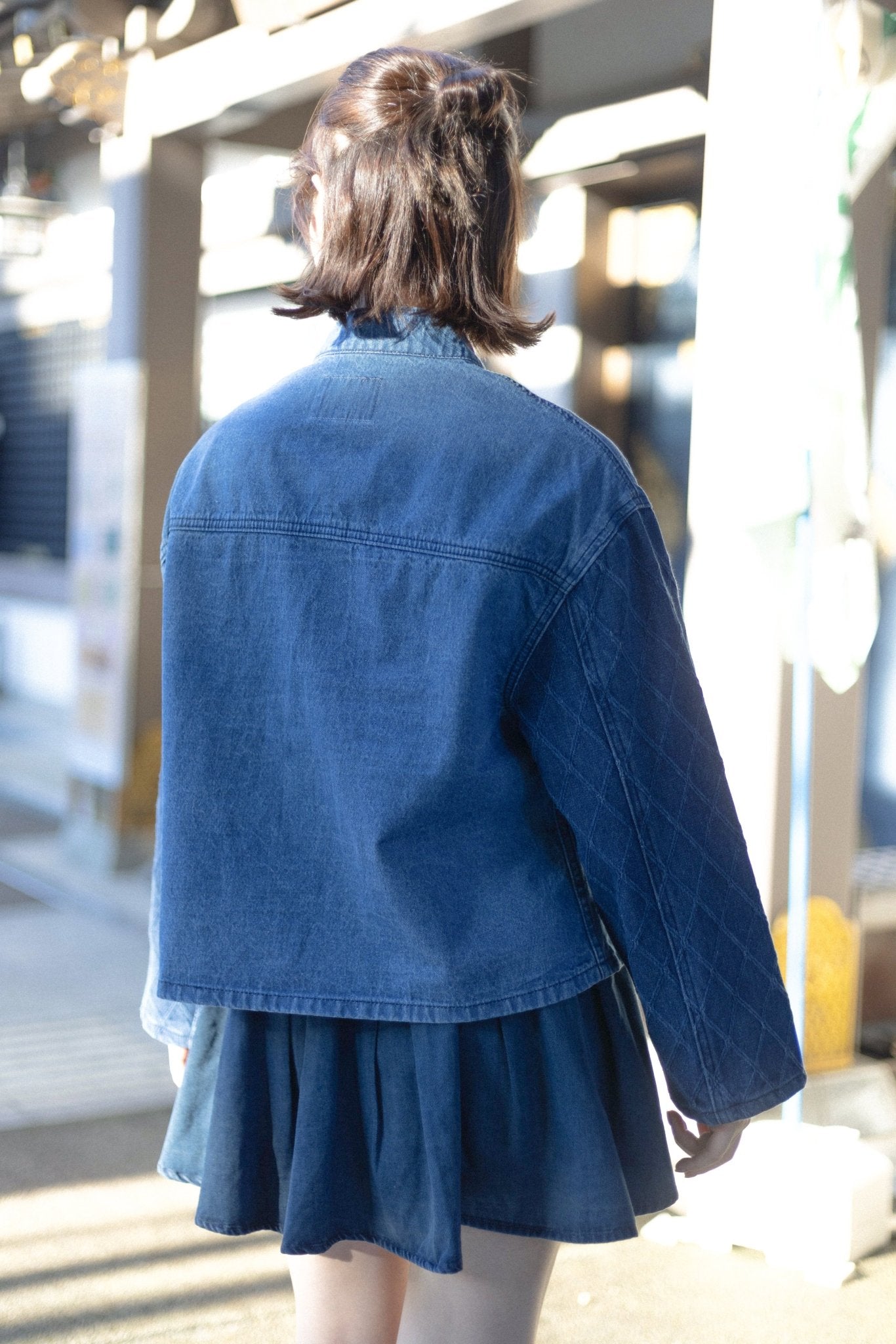 KF Slanted Lapel Washed Denim Shirt 盤扣斜襟拼袖短罩衫