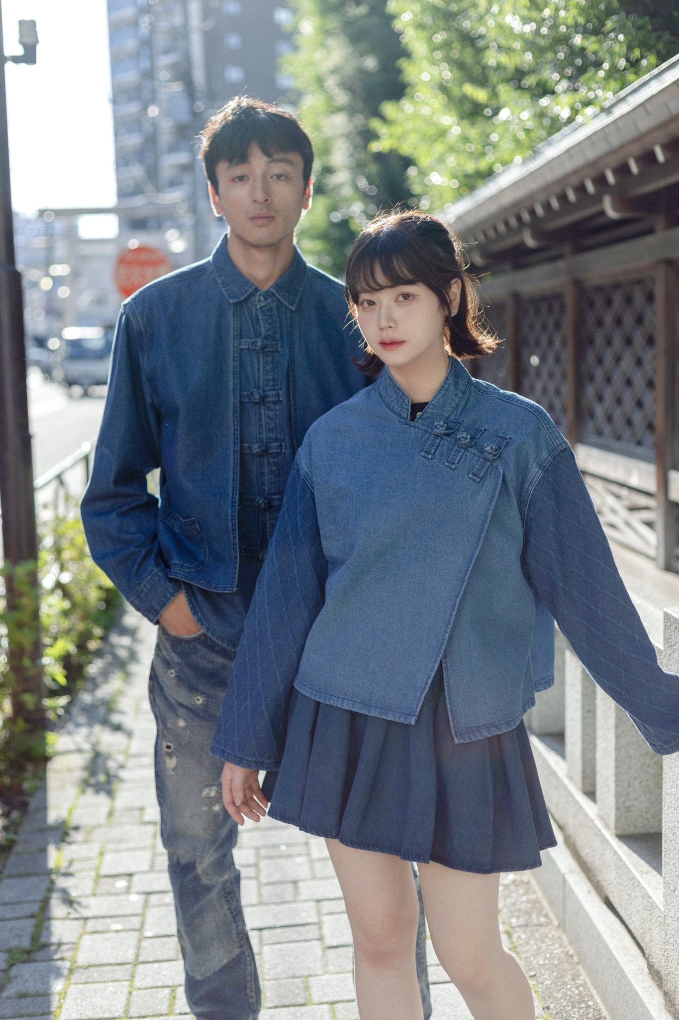 KF Slanted Lapel Washed Denim Shirt 盤扣斜襟拼袖短罩衫
