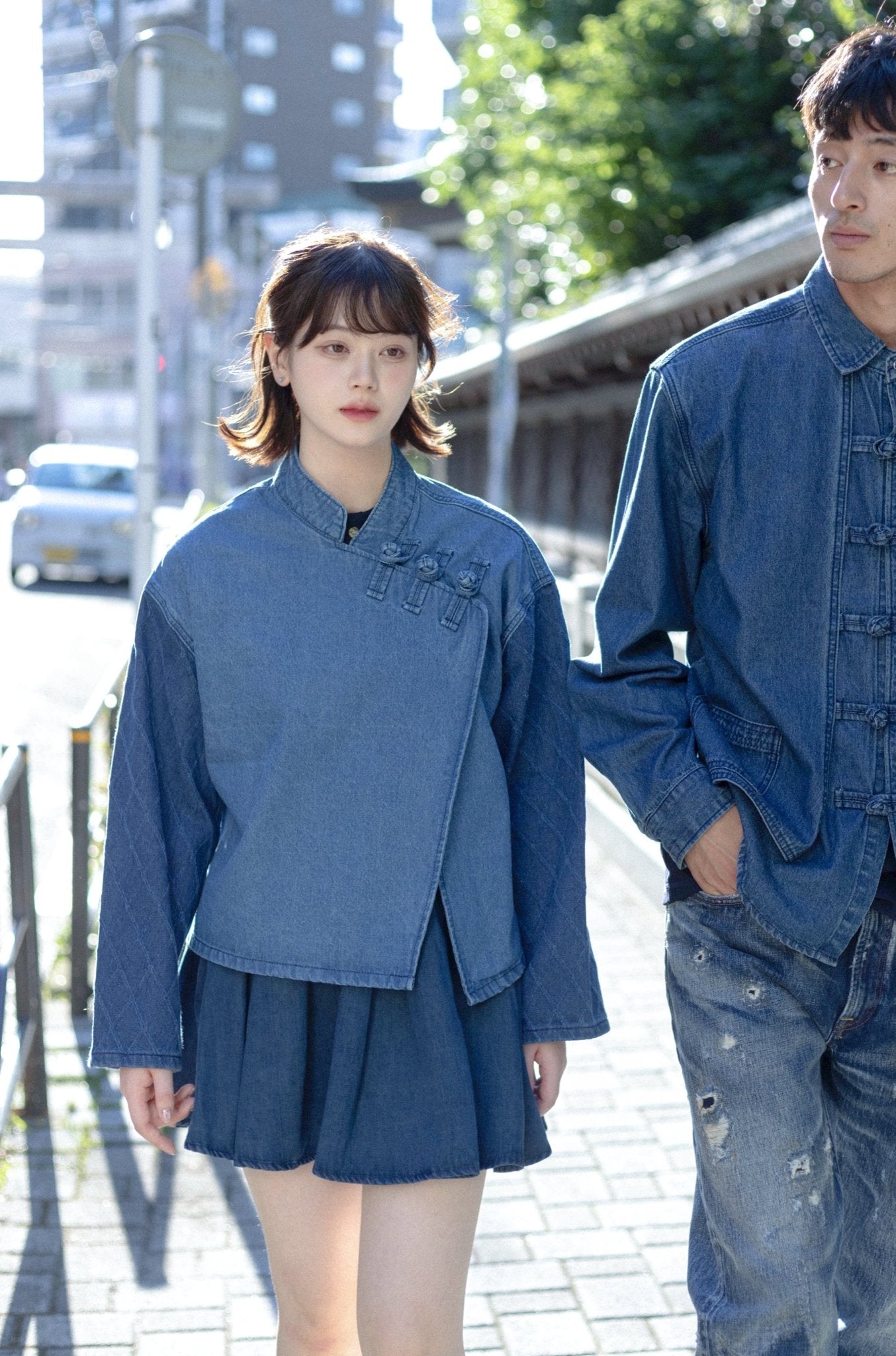 KF Slanted Lapel Washed Denim Shirt 盤扣斜襟拼袖短罩衫