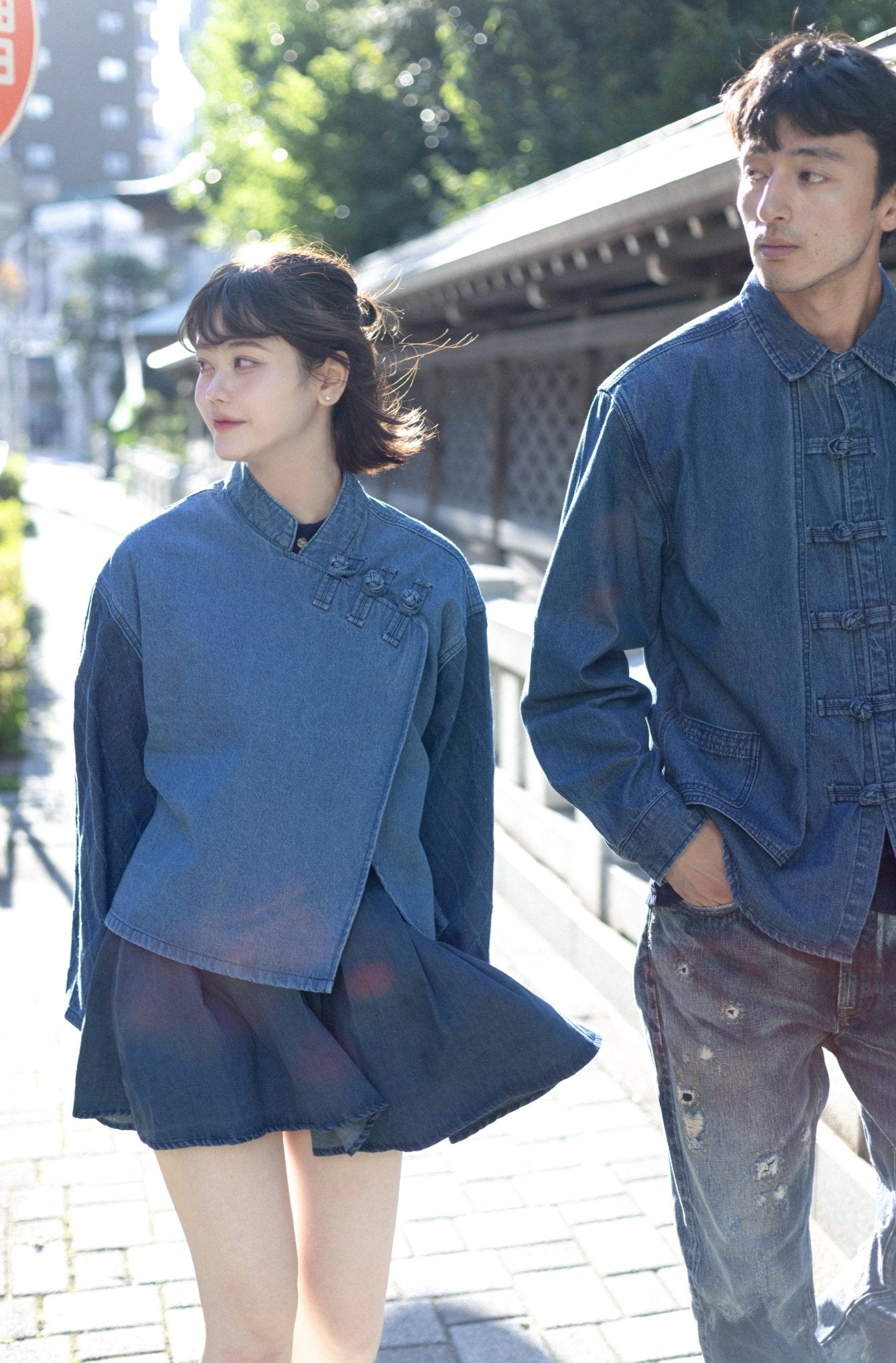 KF Slanted Lapel Washed Denim Shirt 盤扣斜襟拼袖短罩衫