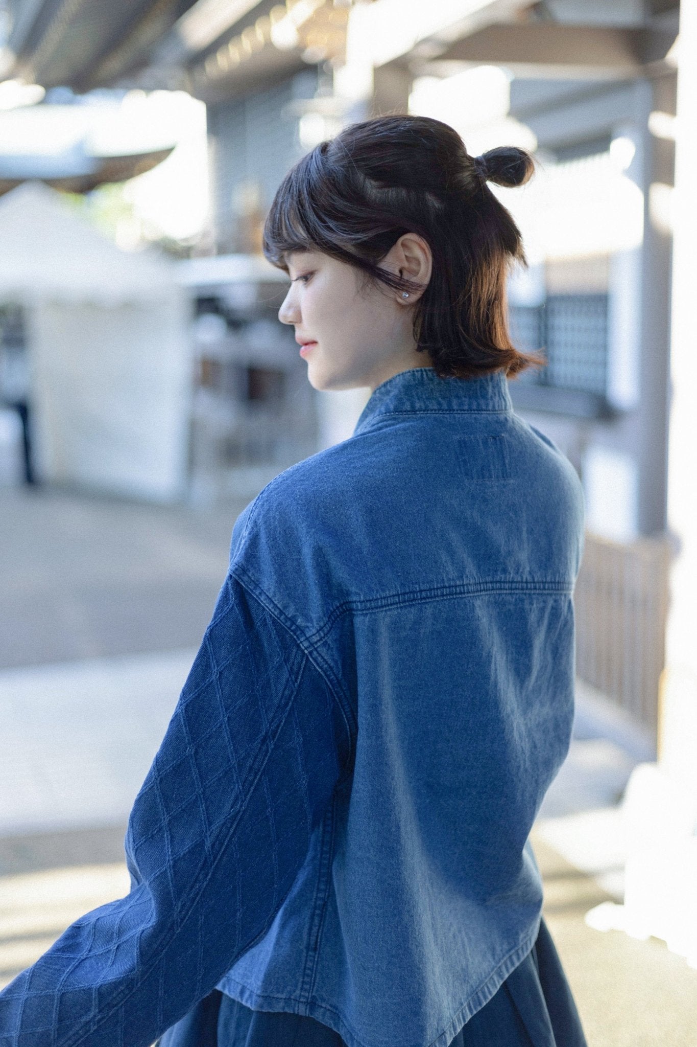 KF Slanted Lapel Washed Denim Shirt 盤扣斜襟拼袖短罩衫