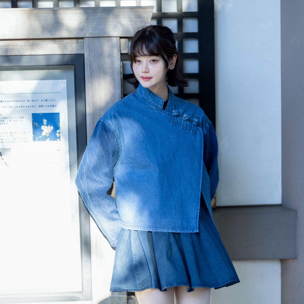 KF Slanted Lapel Washed Denim Shirt 盤扣斜襟拼袖短罩衫