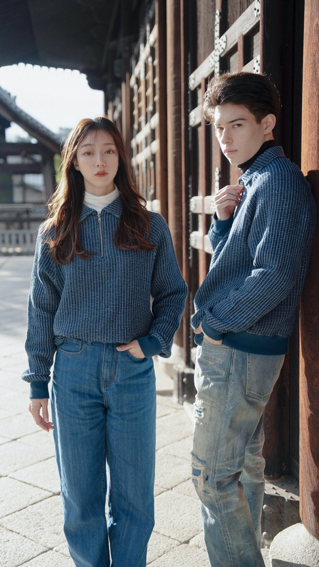 Waffle Tweed Denim Half Zip Pullover Sweater 華夫格織紋牛仔半拉鍊套頭衛衣
