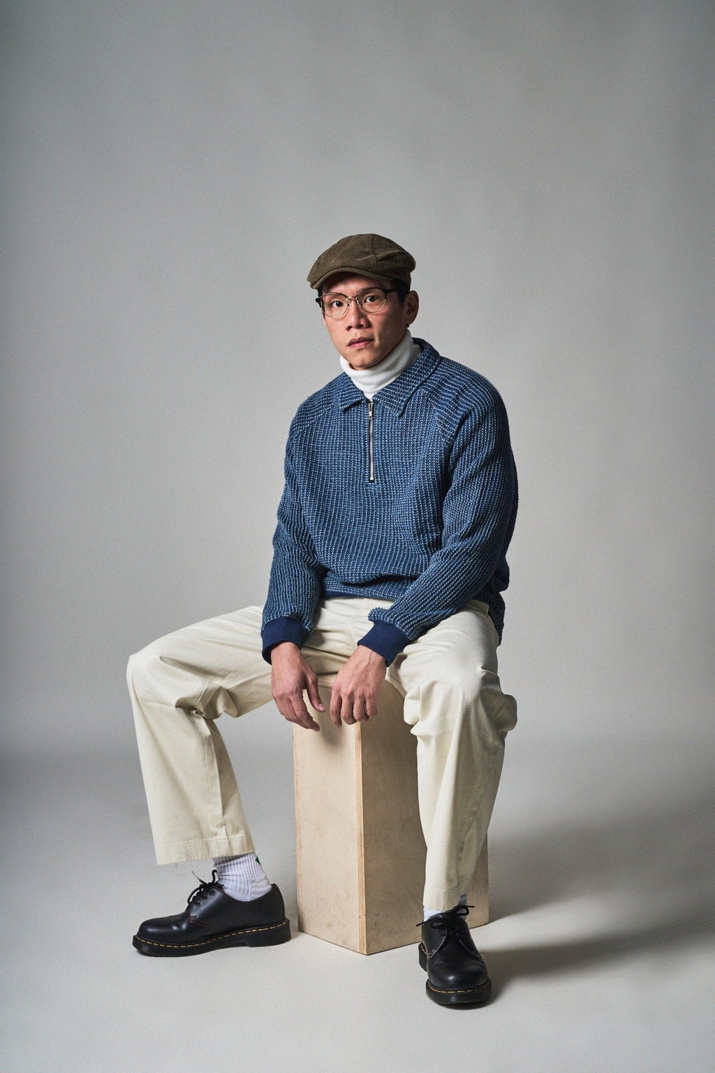 Waffle Tweed Denim Half Zip Pullover Sweater 華夫格織紋牛仔半拉鍊套頭衛衣