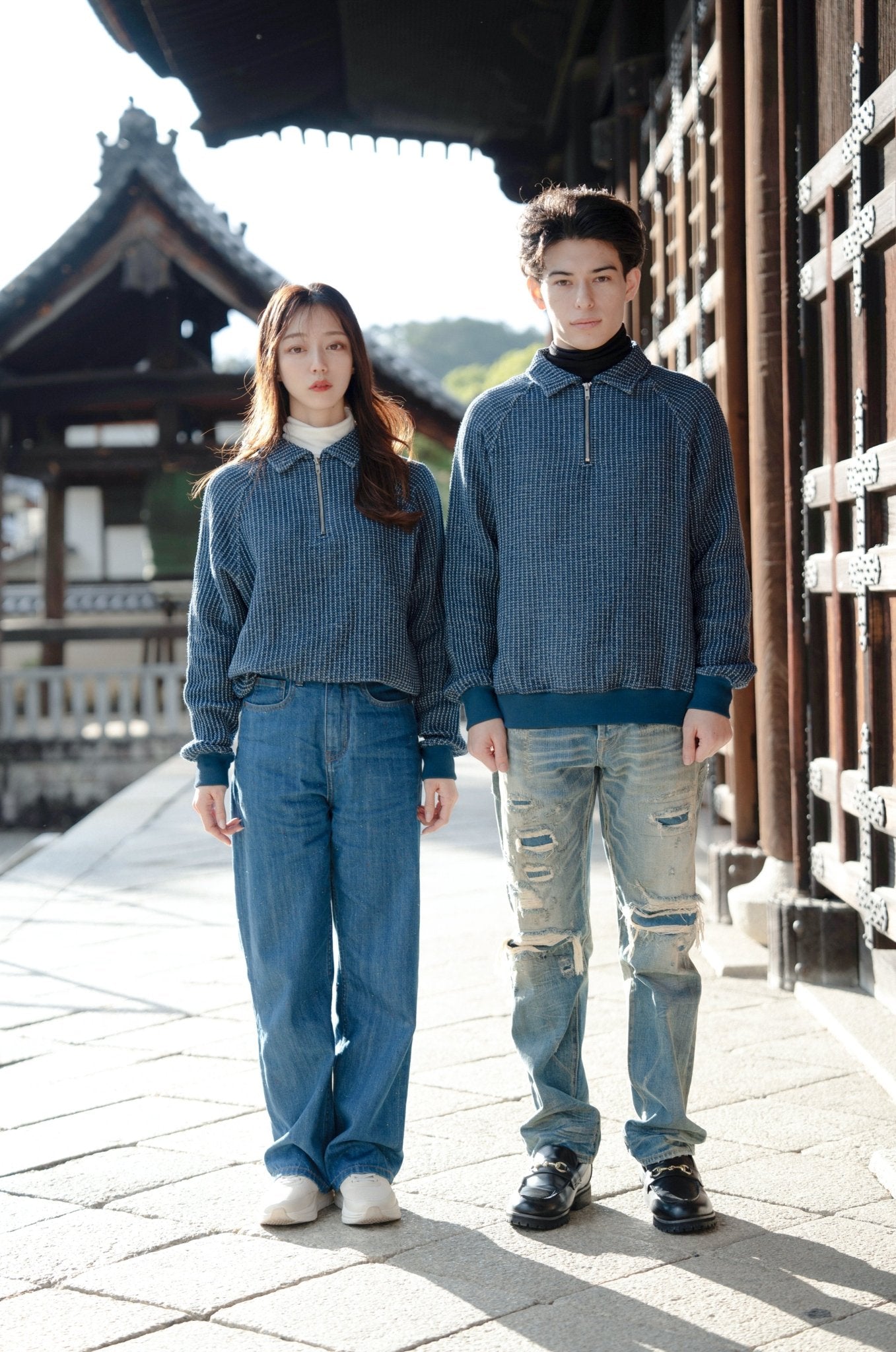 Waffle Tweed Denim Half Zip Pullover Sweater 華夫格織紋牛仔半拉鍊套頭衛衣