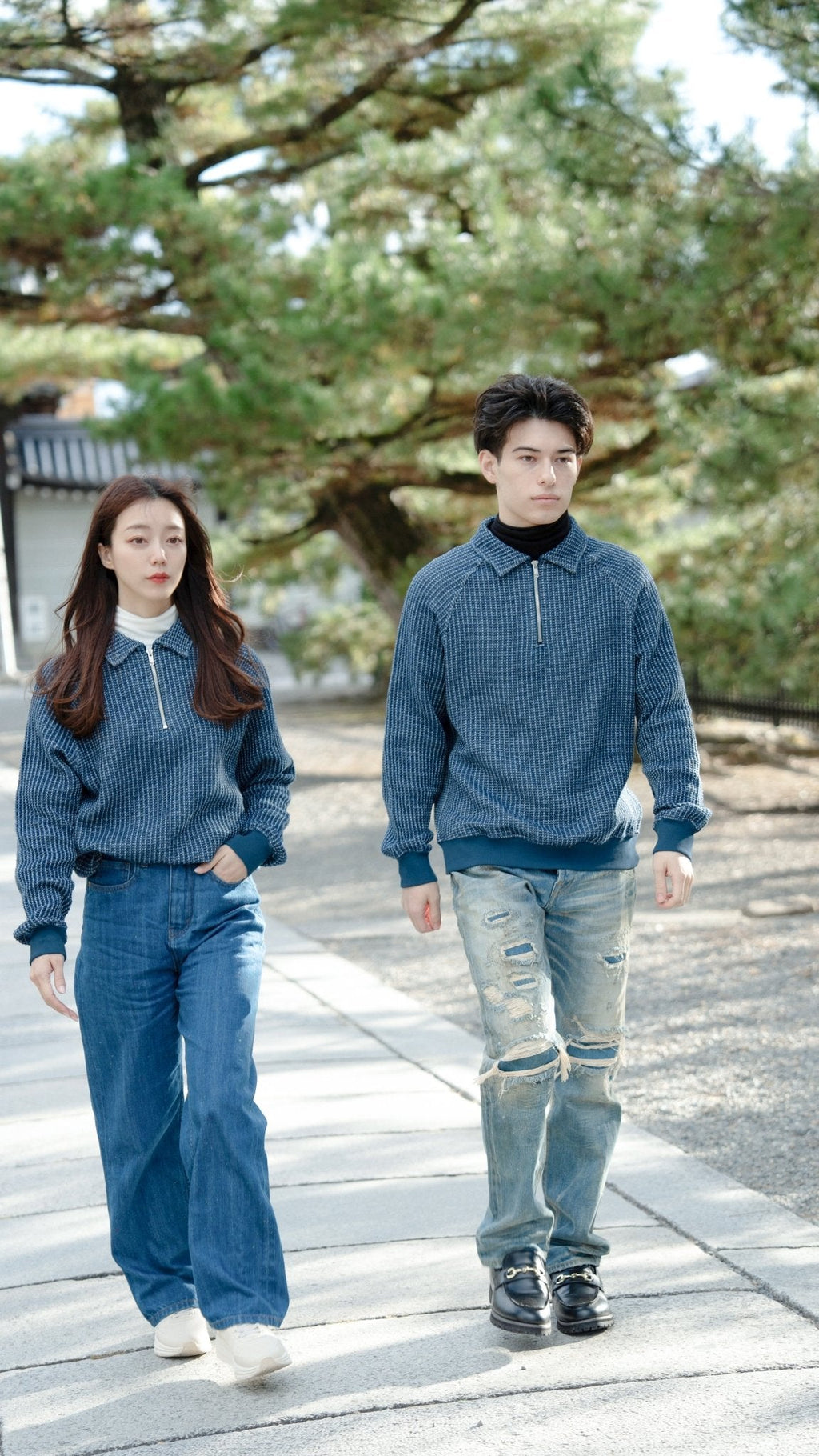 Waffle Tweed Denim Half Zip Pullover Sweater 華夫格織紋牛仔半拉鍊套頭衛衣