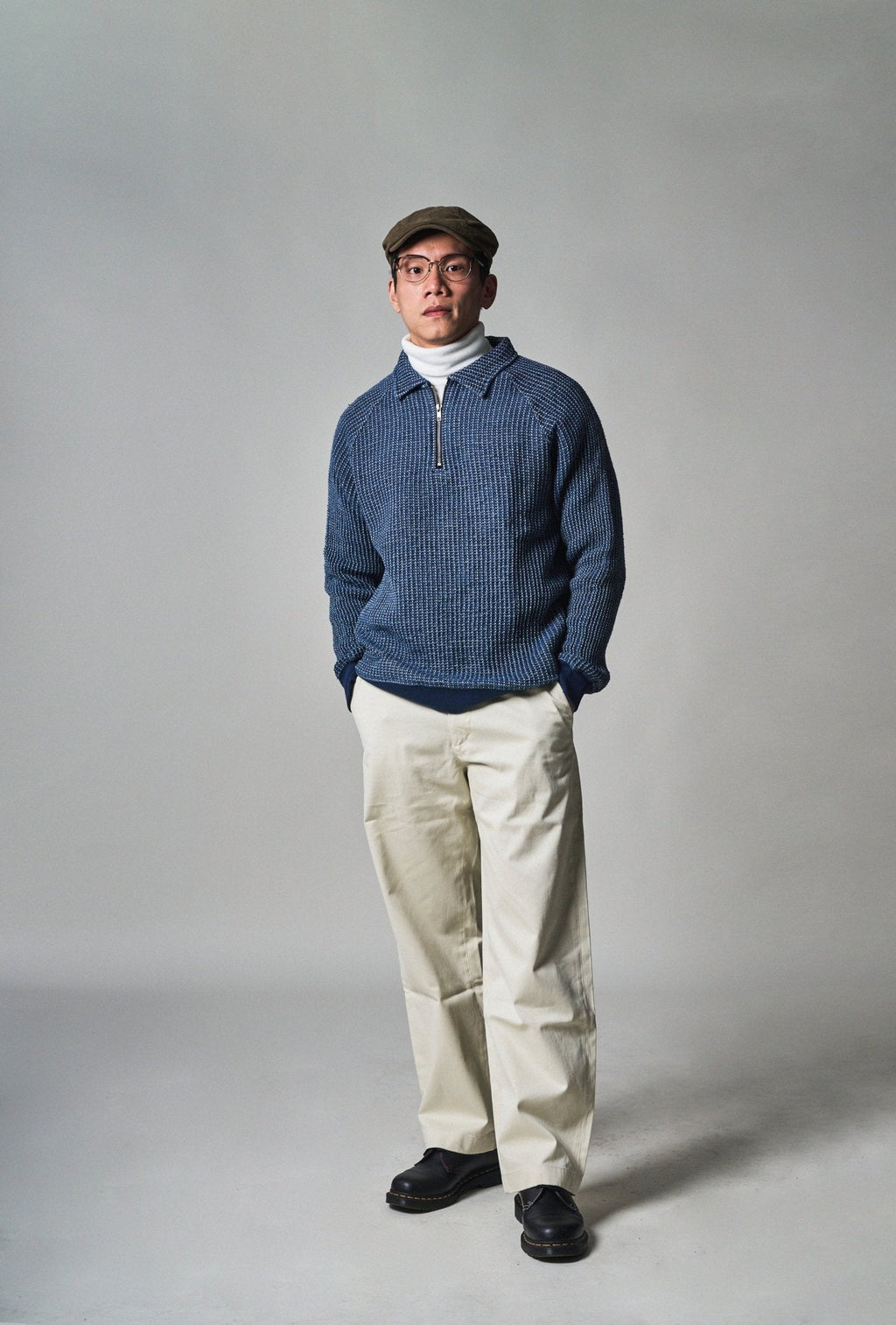Waffle Tweed Denim Half Zip Pullover Sweater 華夫格織紋牛仔半拉鍊套頭衛衣