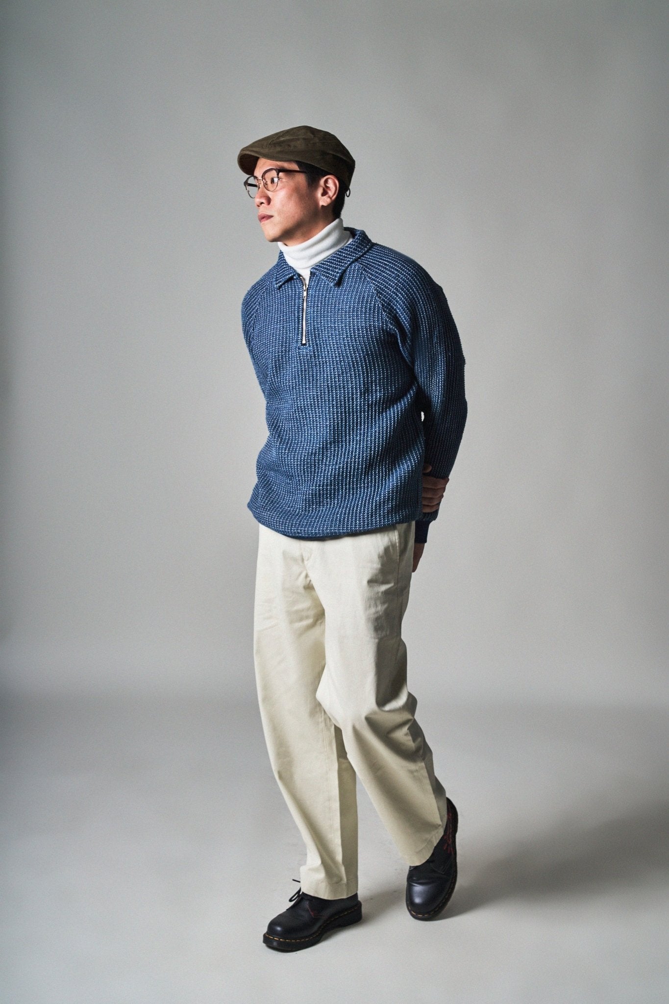 Waffle Tweed Denim Half Zip Pullover Sweater 華夫格織紋牛仔半拉鍊套頭衛衣