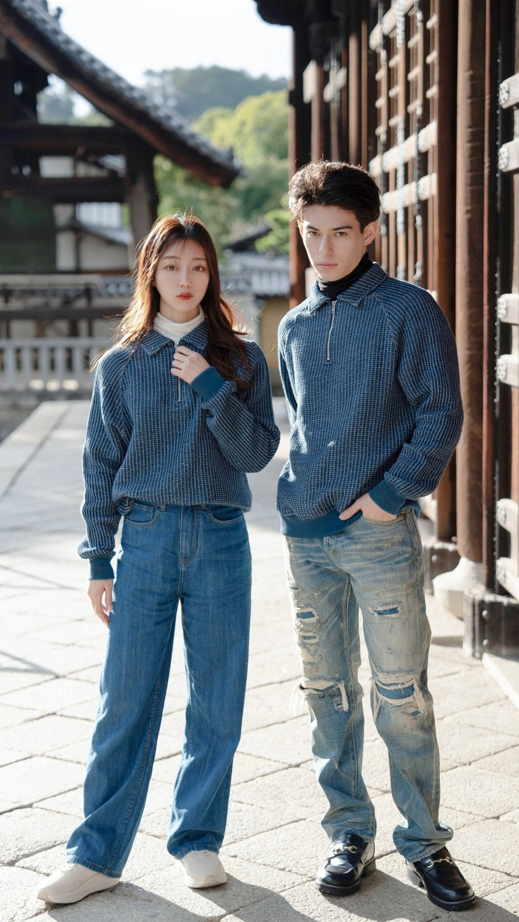 Waffle Tweed Denim Half Zip Pullover Sweater 華夫格織紋牛仔半拉鍊套頭衛衣