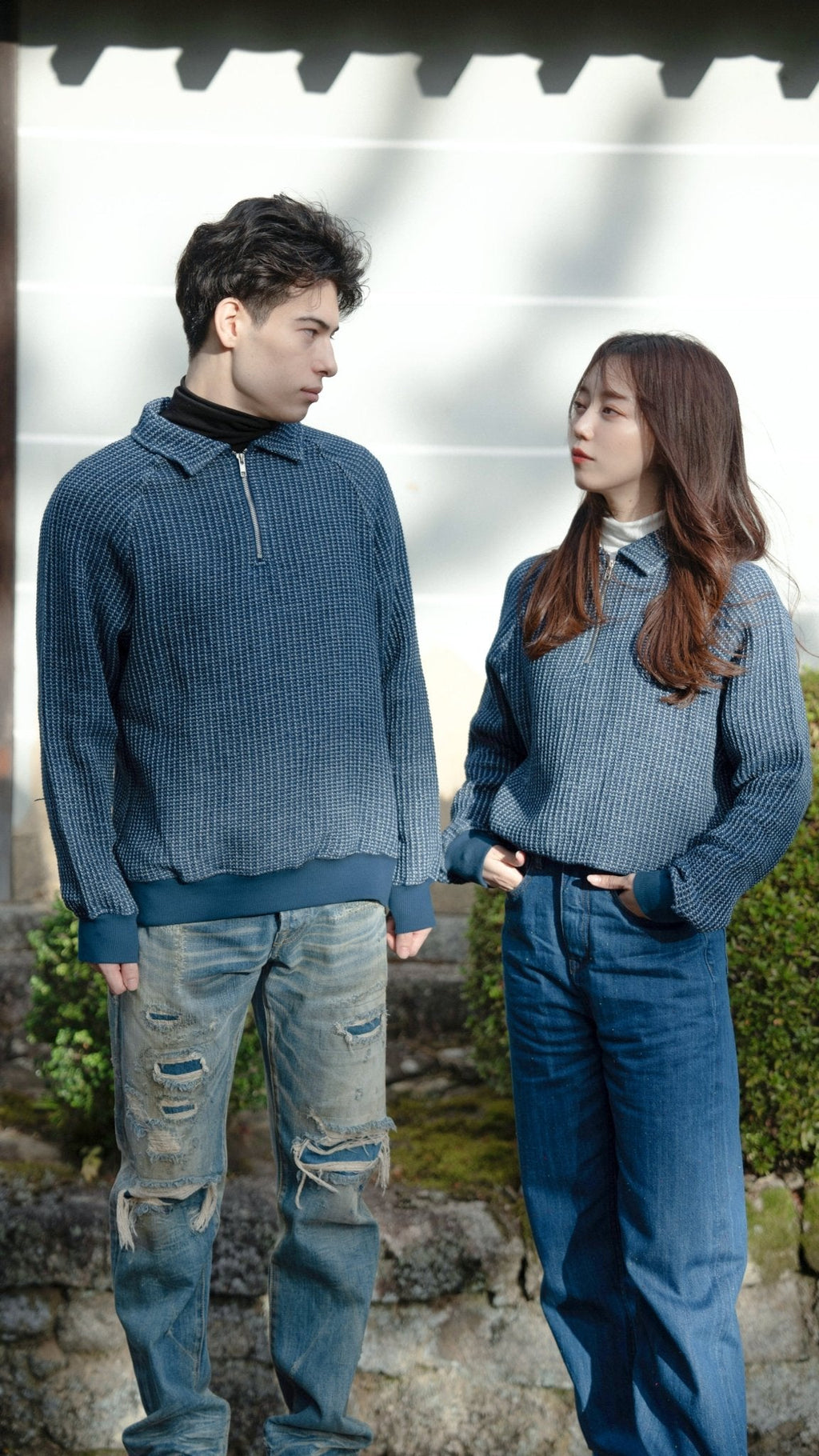 Waffle Tweed Denim Half Zip Pullover Sweater 華夫格織紋牛仔半拉鍊套頭衛衣