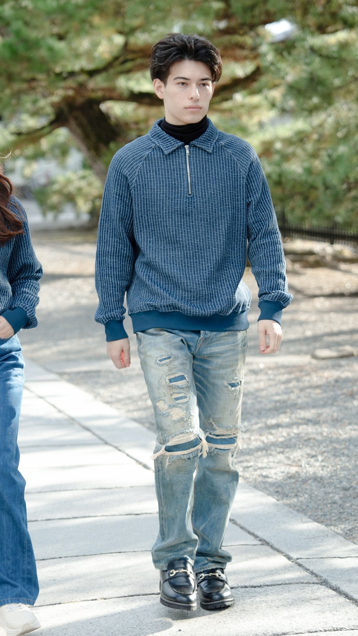 Waffle Tweed Denim Half Zip Pullover Sweater 華夫格織紋牛仔半拉鍊套頭衛衣