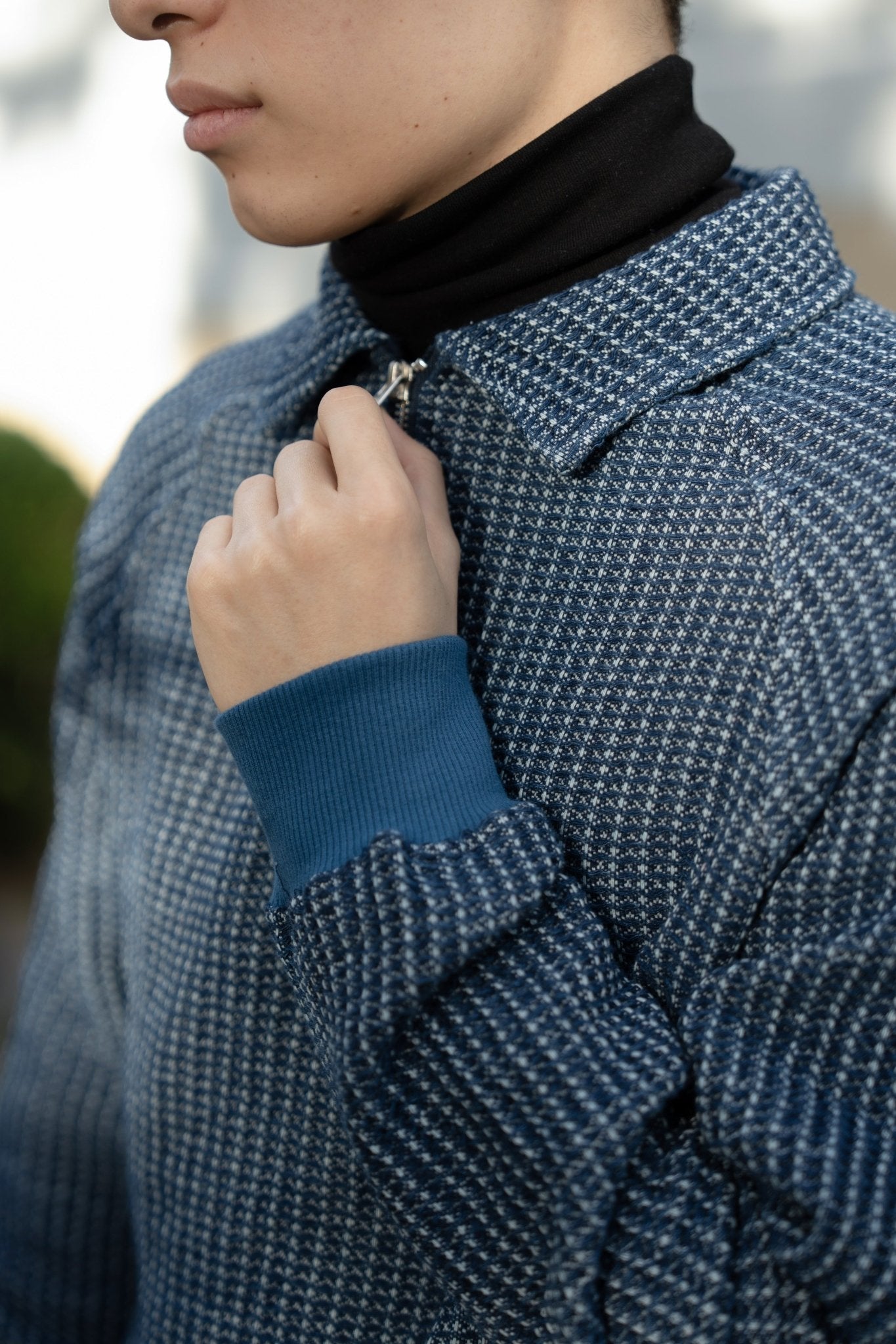 Waffle Tweed Denim Half Zip Pullover Sweater 華夫格織紋牛仔半拉鍊套頭衛衣