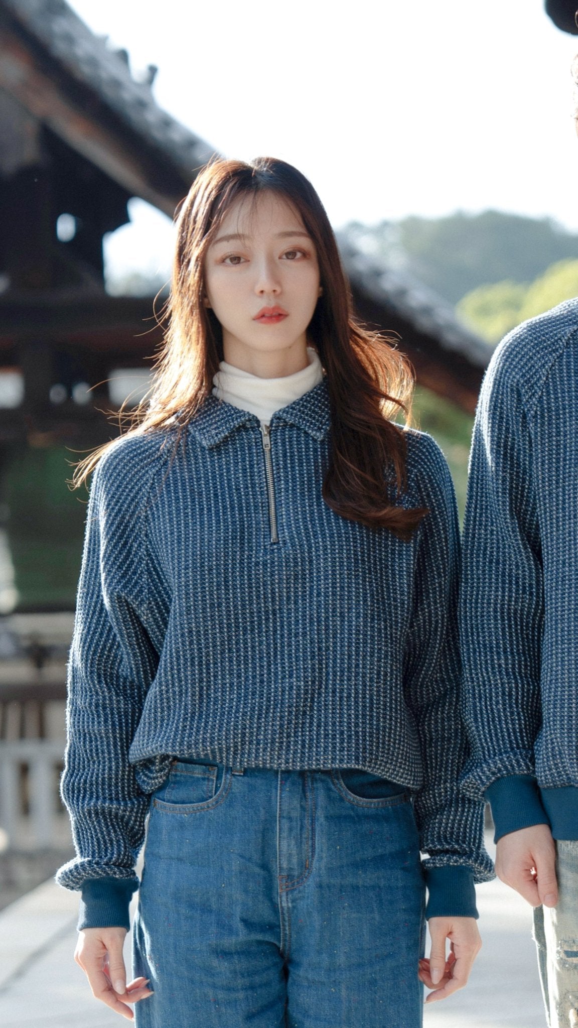 Waffle Tweed Denim Half Zip Pullover Sweater 華夫格織紋牛仔半拉鍊套頭衛衣
